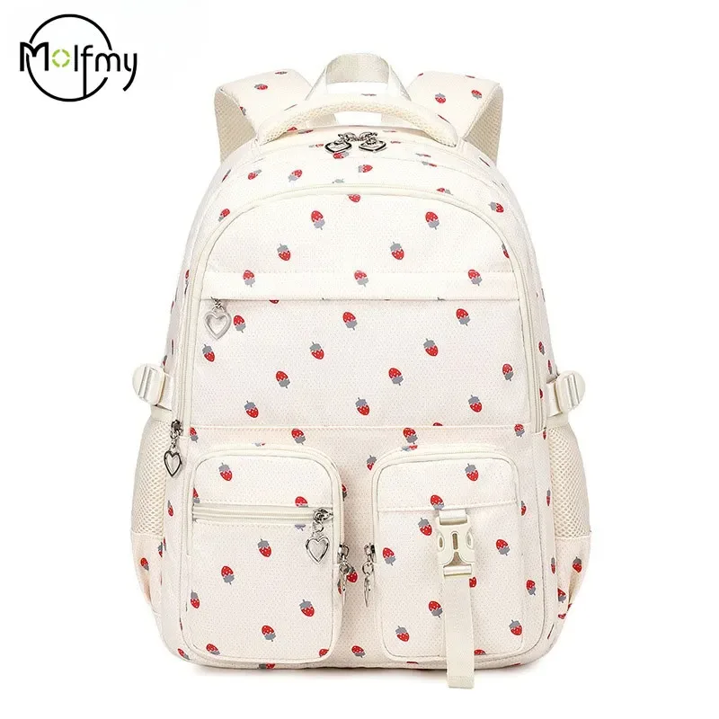 Cartable étanche imprimé fraise, sac à dos de grande capacité, sac à bandoulière, sacs de voyage en Nylon pour étudiant, sac d'école quotidien à fermeture éclair