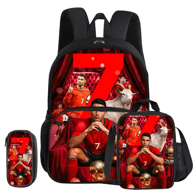 ensemble ronaldo 3 pièces avec sac à dos à poche frontale, sac isotherme pour le sport et le football, et trousse à crayons cr football star