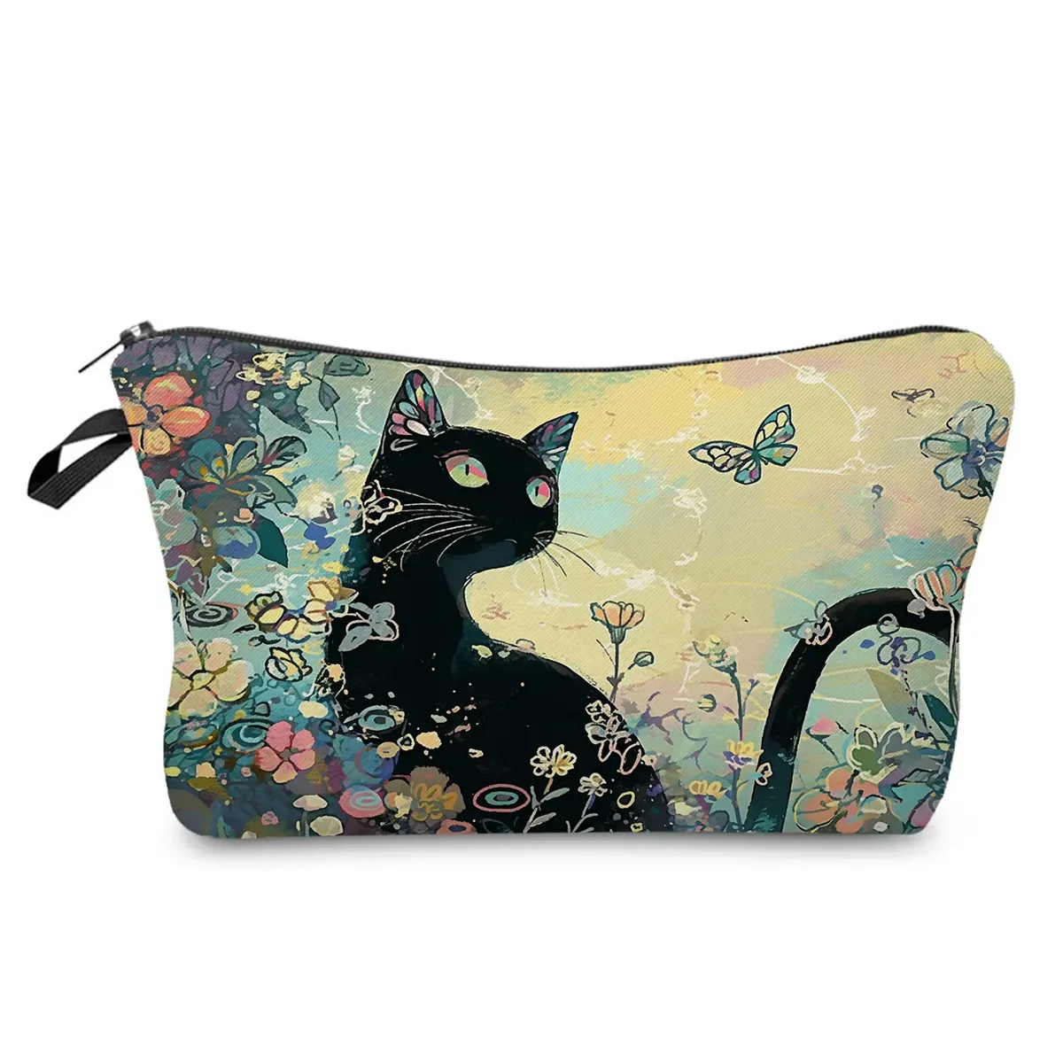 sacs de maquillage college chat noir pour femmes, sacs de rangement portables de voyage, impression d'animaux kawaii décontractés, sacs à cosmétiques double face avec fermeture éclair