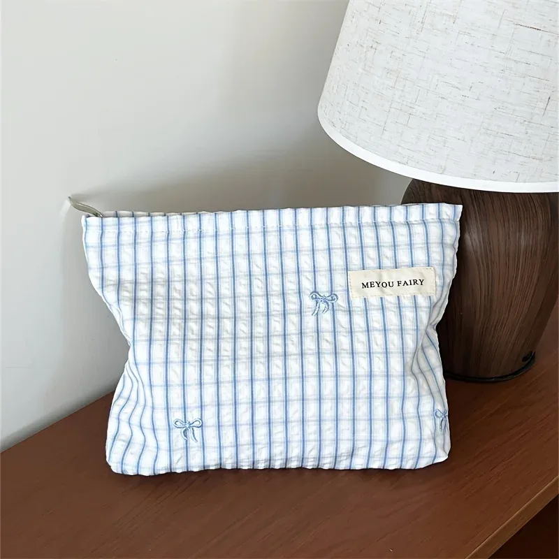 trousse à cosmétiques à nœud rayé bleu clair, organisateur de maquillage de voyage pour femmes avec fermeture éclair, pochette de toilette multi-usage