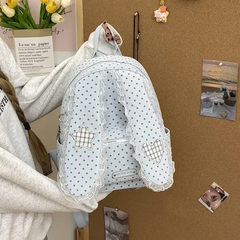 sac à dos créatif mignon avec oreilles de lapin, décor en dentelle à pois, style japonais lolita, sac à dos preppy pour fille, sac à main léger en nylon