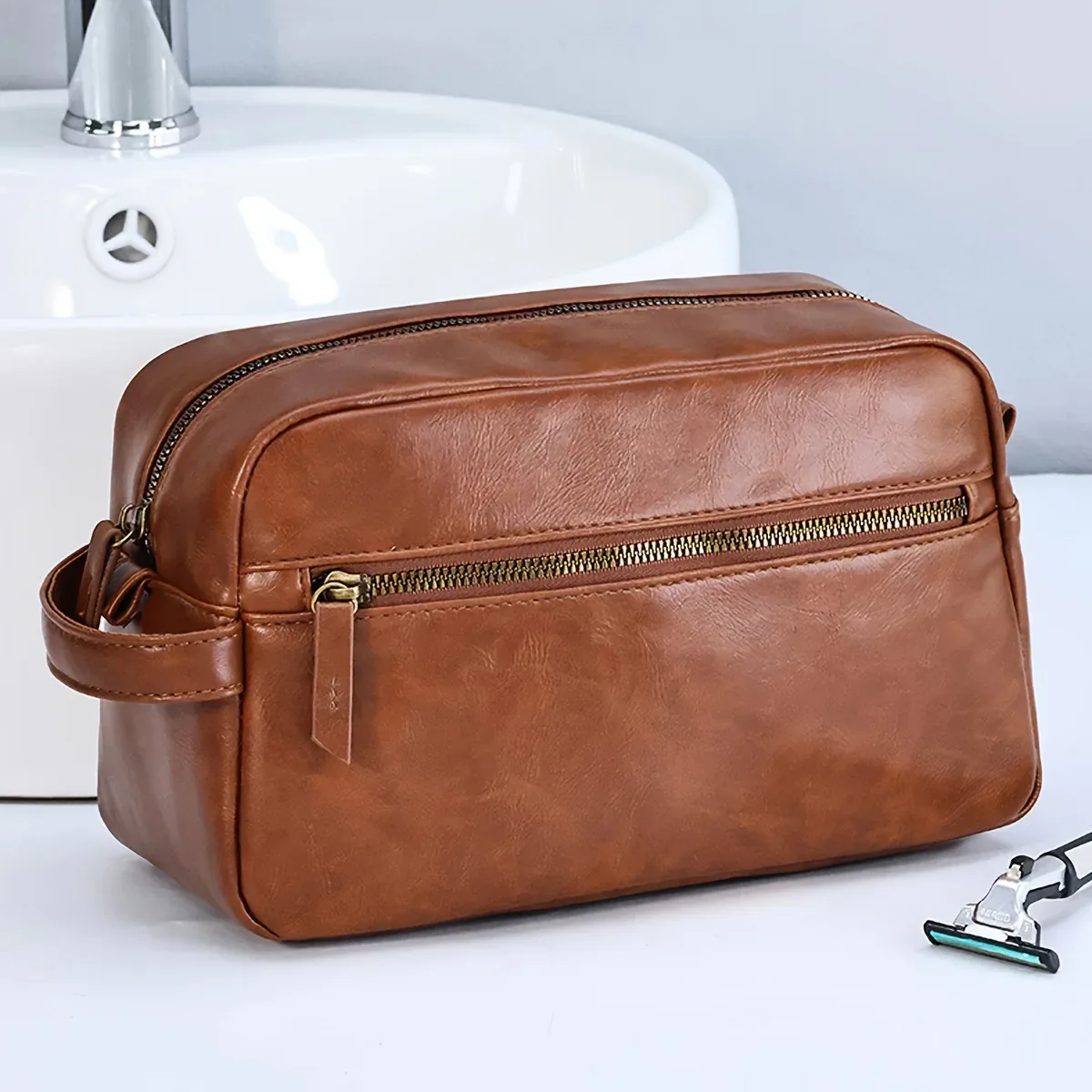 trousse de toilette imperméable en cuir pu pour hommes et femmes, voyage d'affaires, salle de bain, outils de rasage, sac de rangement, pochette de maquillage, sac à cosmétiques pour femmes