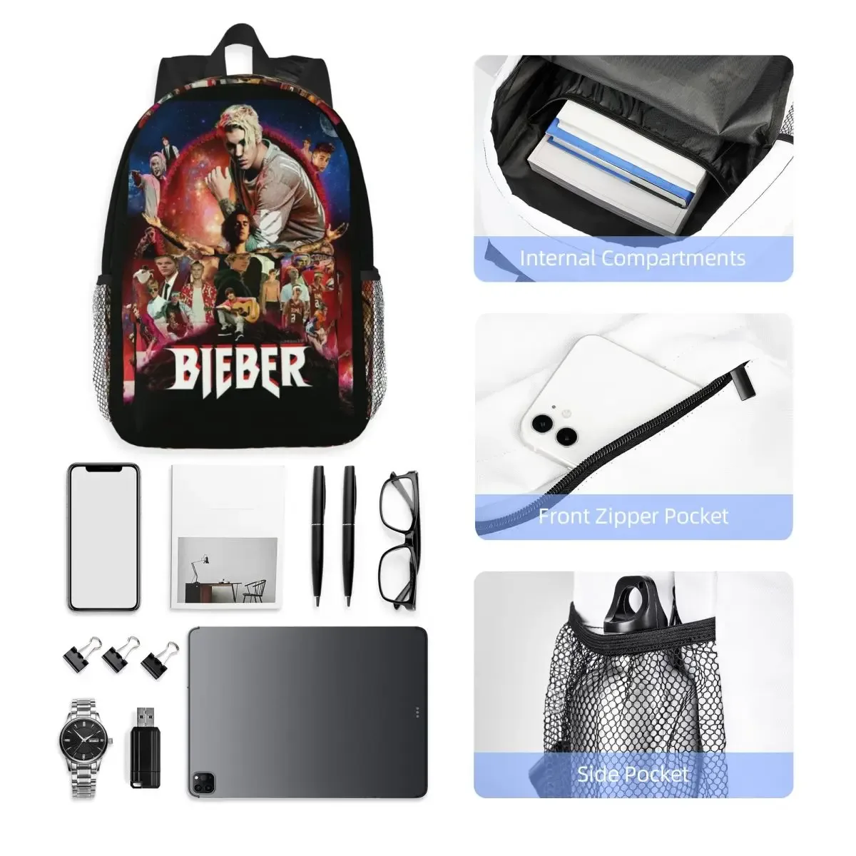 sac à dos justin bieber pour étudiants, garçons et filles, sac d'école pour hommes et femmes, sacs à bandoulière pour ordinateur portable