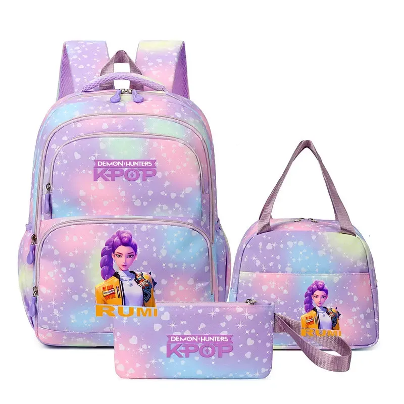lot de 3 sacs à dos kpop demon hunters, cartable de dessin animé pour adolescents, sac d'étudiant, sacoche pour ordinateur portable et livres, sac de voyage, mochilas