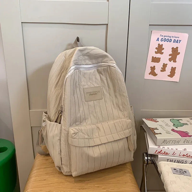 cartable d'étudiant fille léger en nylon rayé grande capacité sac à dos étanche frais sac de voyage porté à la main