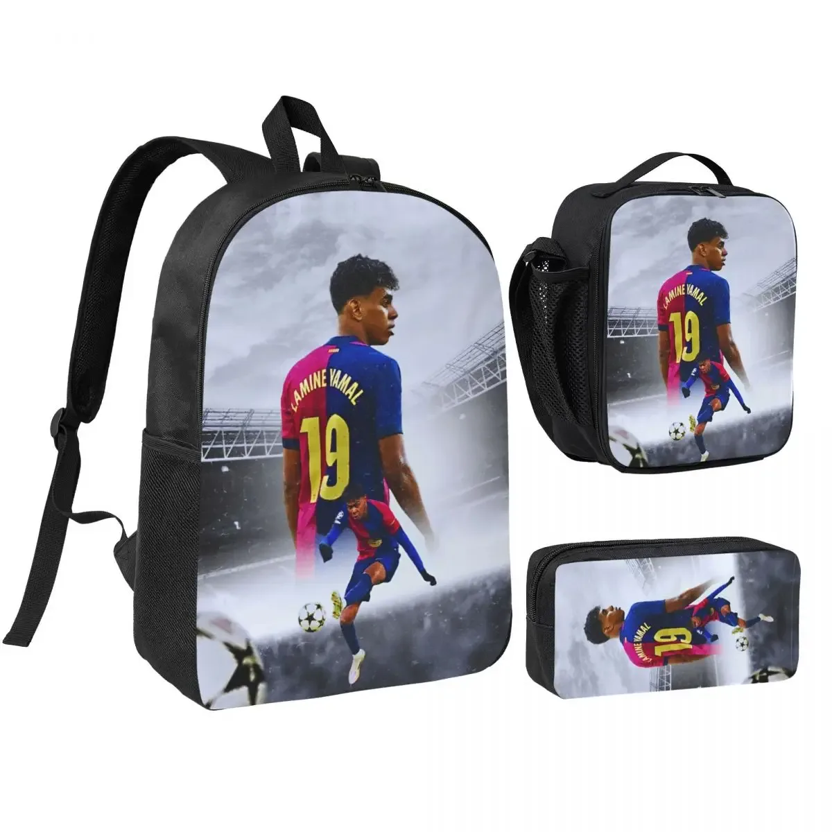 3pecs/ensemble lamine y-yamal football sac à dos pour étudiant haute capacité sac à bandoulière sac à déjeuner trousse à crayons