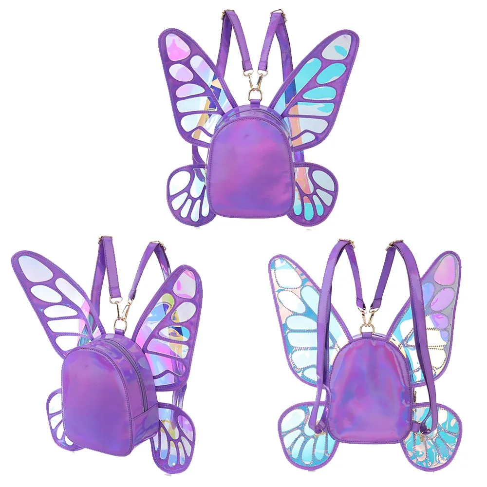 sac à dos drôle d'ailes de papillon d'ange sac à dos d'école laser pour femme pour fille voyage sac à dos décontracté sac d'école en cuir holographique