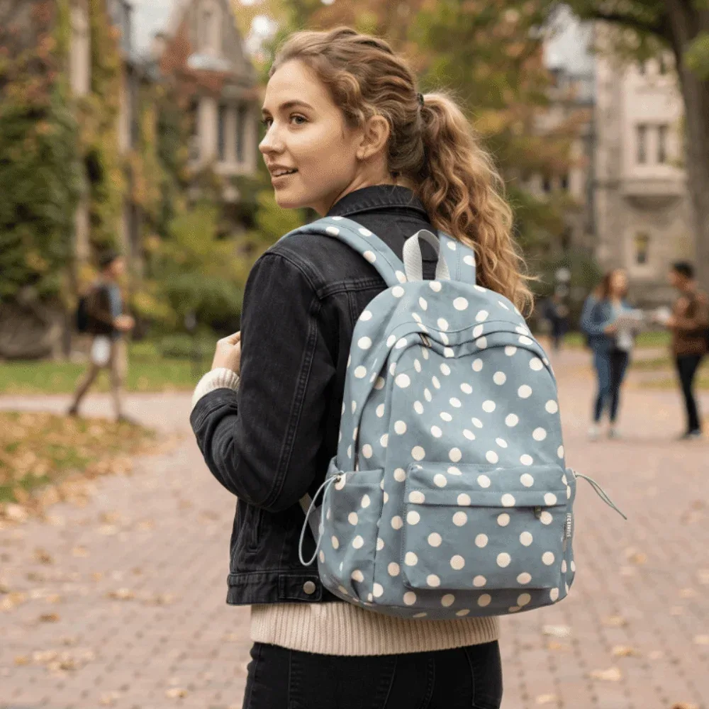 sac à dos scolaire à motif à pois tendance, grande capacité, sac de voyage décontracté, léger et minimaliste pour femmes