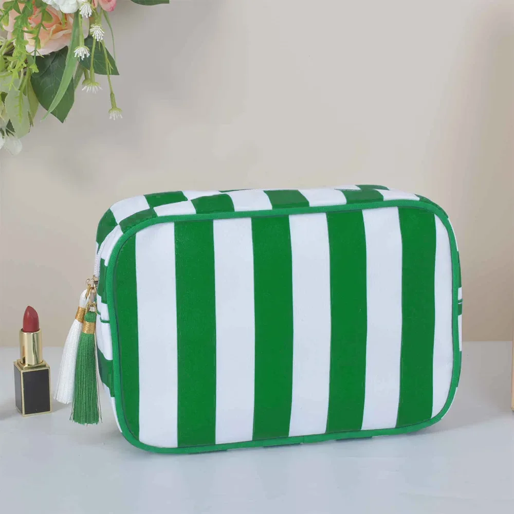 grand sac à cosmétiques de lavage rayé pour femmes, sac de maquillage à pompon avec fermeture éclair, grande capacité, rangement de toilette, pochette de rangement