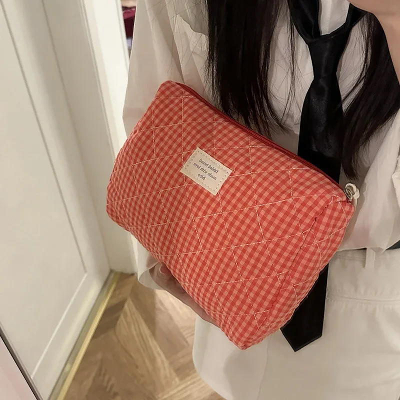 trousse de maquillage en coton de grande capacité pour femmes, sac de rangement pour brosses à carreaux, trousse de toilette de voyage douce et mignonne, organisateur doux décontracté pour dames
