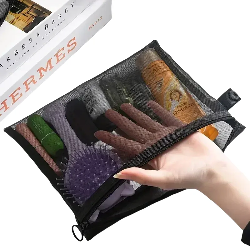24-1pcs sacs cosmétiques transparents en maille pour femmes, trousse de maquillage noire, organiseur de voyage portable, étui de rangement pour rouge à lèvres, pochette cadeau
