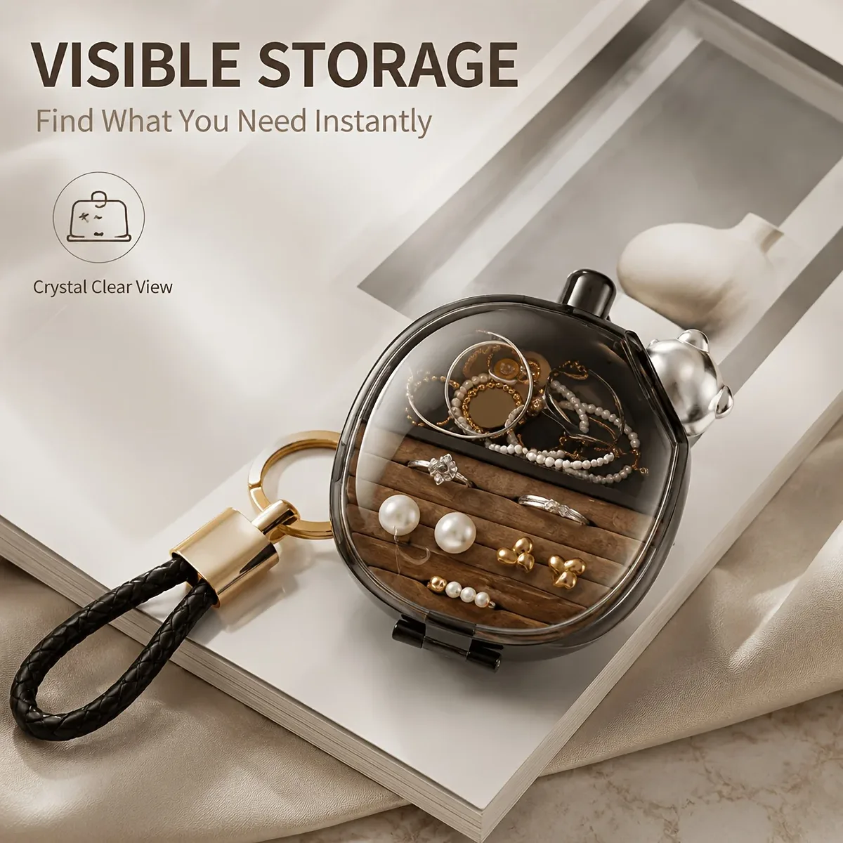 mini boîte à bijoux de voyage avec couvercle transparent, étui portable pour bagues avec fermoir sécurisé, organisateur porte-clés pour sac à main et sac de sport