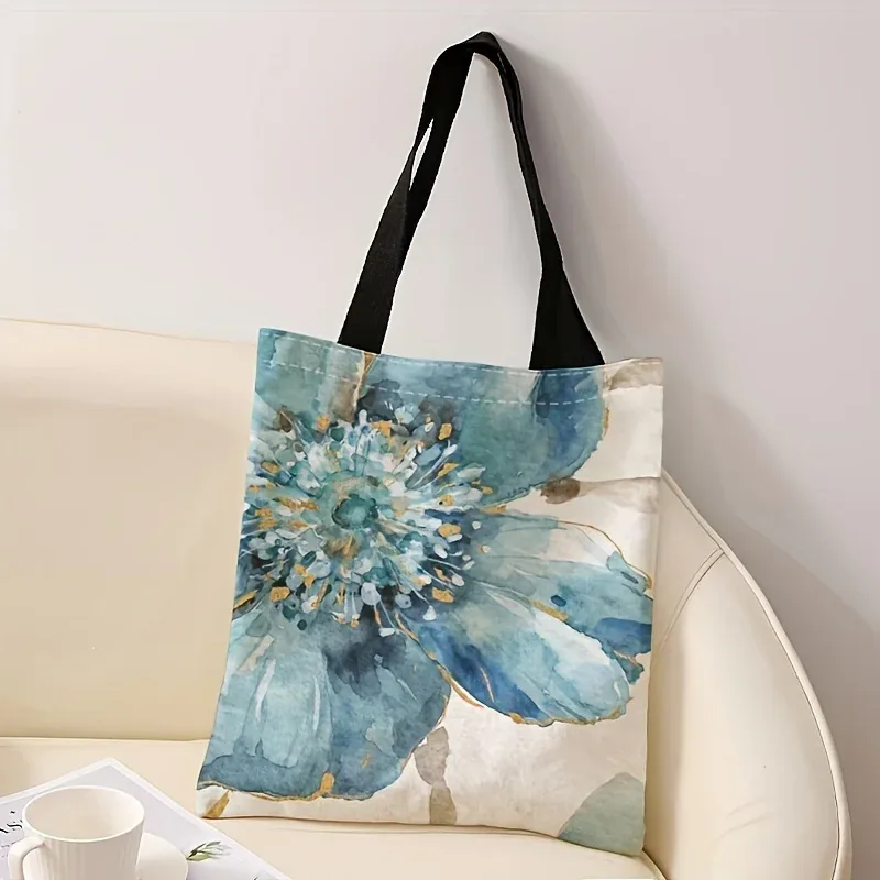 sac fourre-tout à imprimé floral pour femme – sac à bandoulière multifonctionnel réutilisable de grande capacité avec motif aquarelle bleue et dorée