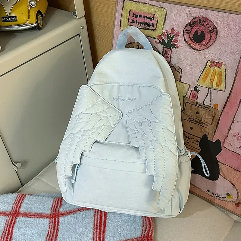 sac à dos aile d'ange y2k en toile, grande capacité, sac d'école, sac de voyage kawaii, léger, couleur unie. ﻿