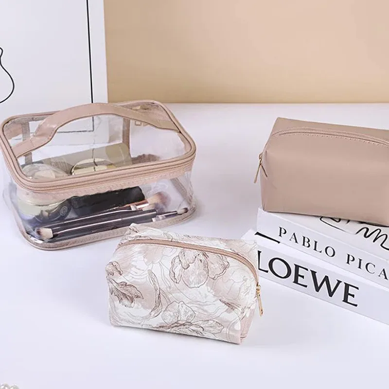 sac de maquillage portable élégant, motif floral en dentelle, sac de rangement cosmétique avec poignée, pochette de toilette de voyage de grande capacité pour femmes
