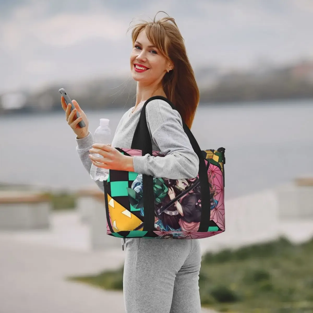 sac fourre-tout de plage personnalisé demons slayers anime manga pour femmes, tanjiro kamado nezuko, grand compartiment, sacs de voyage de plage de gym