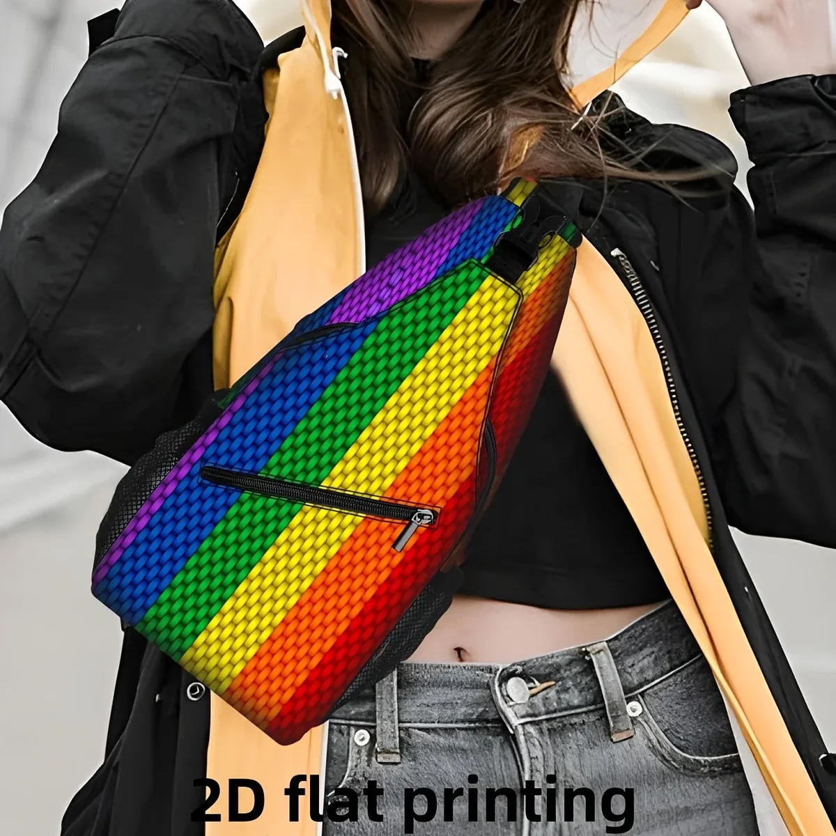 sac à bandoulière imprimé rayures arc-en-ciel, sac à bandoulière plat 2d, sac à dos léger en nylon pour les voyages et le quotidien
