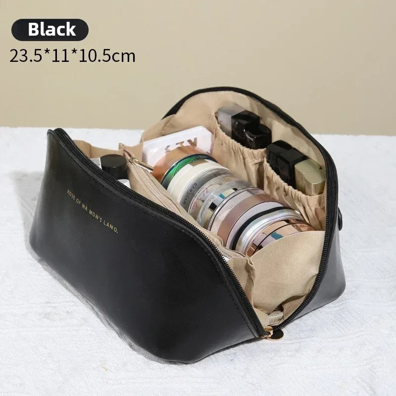 trousse de maquillage de voyage, grande capacité, trousse de maquillage pour femmes, sac portable imperméable à ouverture plate, avec séparateur et poignée
