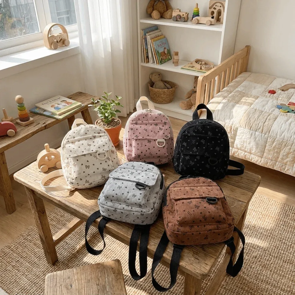 mini sac à dos en velours côtelé imprimé cœurs et nœuds, léger, décontracté, multi-compartiments, ouverture zippée, sac à bandoulière pour les trajets quotidiens