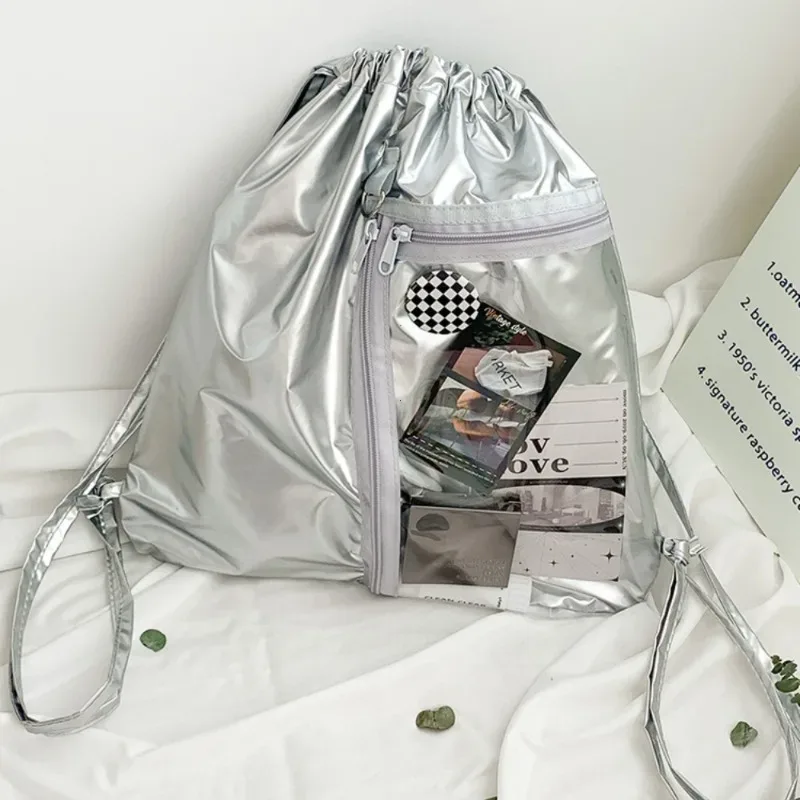 sac à bandoulière original à cordon de serrage de grande capacité, sac à dos décontracté transparent de style simple en nylon pour filles, léger et portable