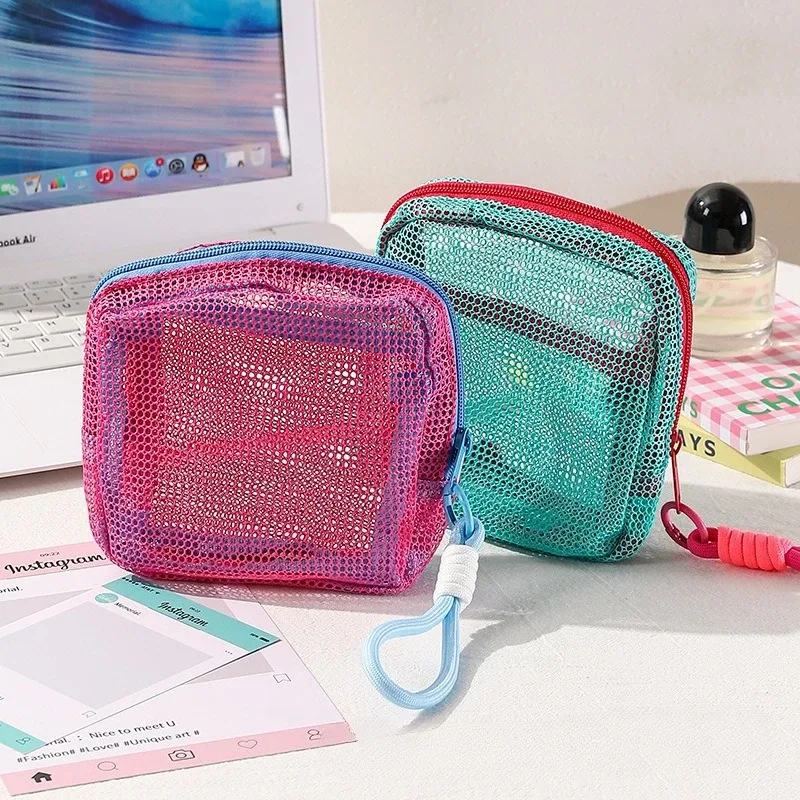 sac de rangement carré en maille avec fermeture éclair, trousse de maquillage tendance pour voyage, grande capacité, pour rouge à lèvres, écouteurs et monnaie