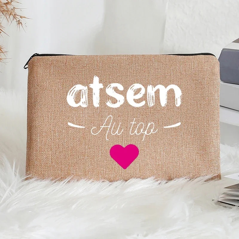 super atsem maitresse – trousse de toilette en lin, fermeture éclair, fournitures de bureau, trousse à crayons, portefeuille, sacs de maquillage polyvalents, cadeau pour les enseignants