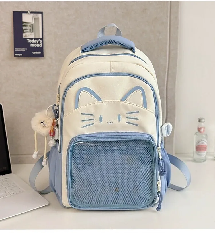 sac à dos imprimé chat kawaii pour adolescentes, sac d'école imperméable de grande capacité, sac à dos de voyage mignon de couleur contrastée avec pendentif en peluche