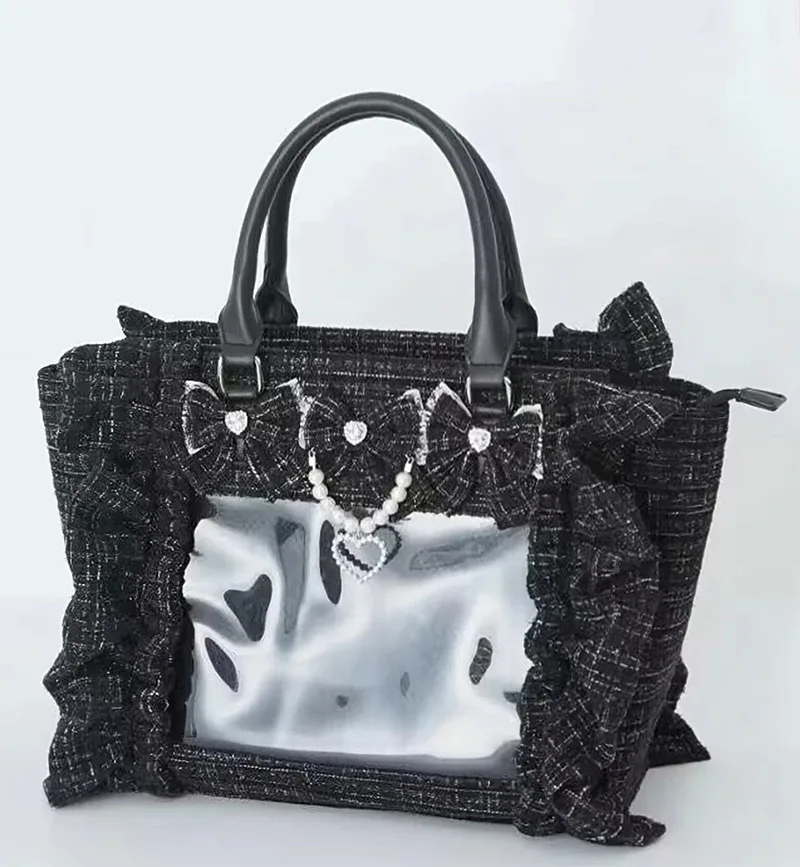 sac à main en dentelle à volants pour femmes et filles, sacoche de style japonais, fourre-tout carré avec nœud papillon en perles, sacs à main portables initiés
