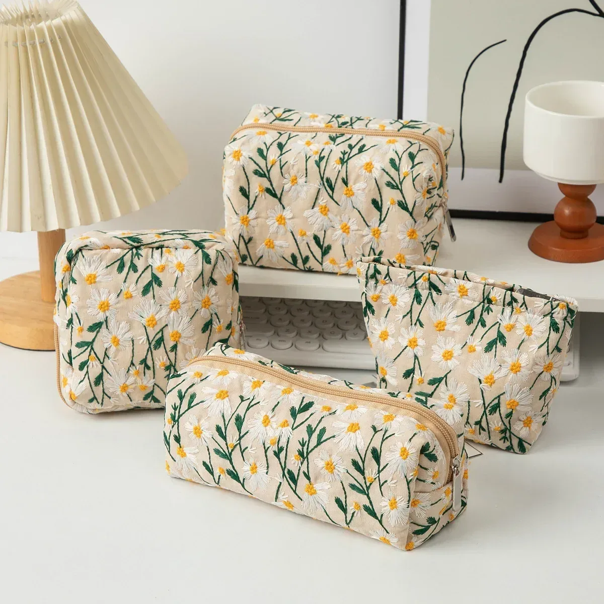 sac à cosmétiques brodé de fleurs, organisateur de maquillage en toile à fermeture éclair, pochette de rangement de voyage, trousse de beauté pour femmes