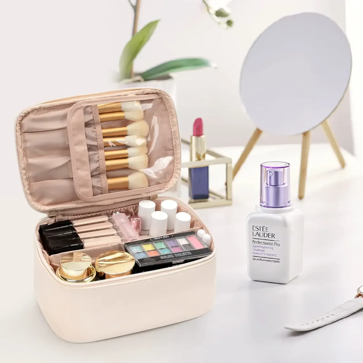 sac de voyage portable grande capacité pour maquillage, organiseur de cosmétiques avec compartiments, étui de transport en pu à poignée