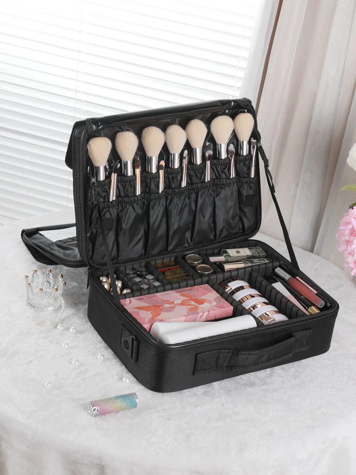 trousse de maquillage professionnelle en cuir imperméable, trousse de maquillage, trousse d'artiste de maquillage, trousse de train, trousse à cosmétiques de voyage, évaluation des pinceaux, matériau