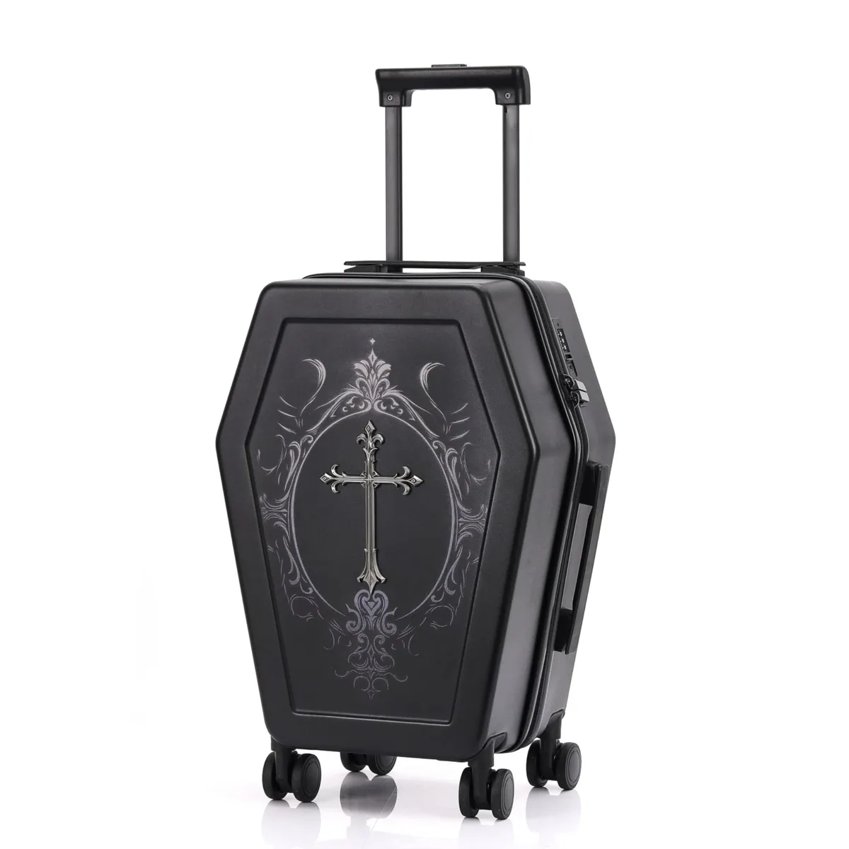 valise gothique au design unique en forme de cercueil, sac de voyage d'halloween, coffre rétro noir, valise à thème vampire, bagage à esthétique sombre.