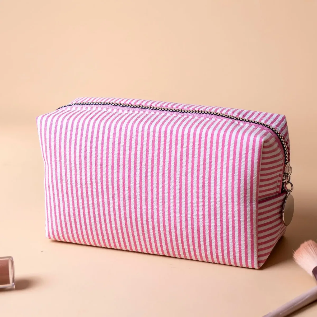 grande trousse de maquillage pour femmes en soie bulle à rayures roses, sac de rangement pour articles de toilette, sac diy pour collations et serviettes hygiéniques