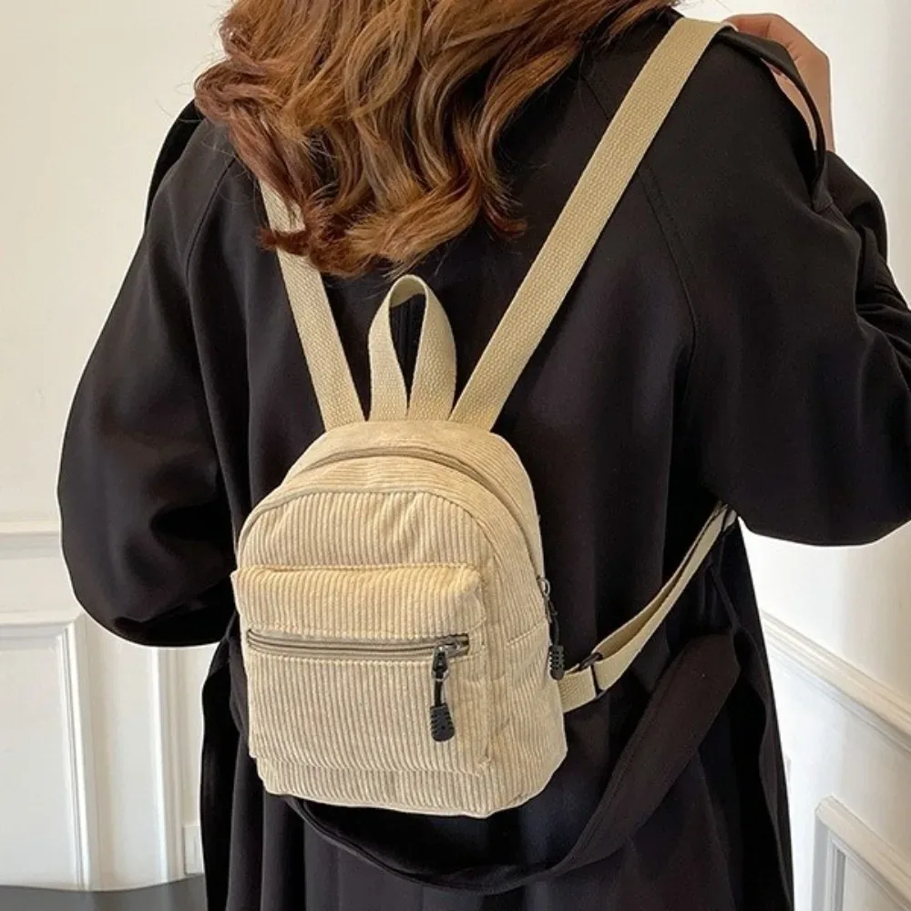 mini sac à dos en velours côtelé de couleur unie, léger, avec fermeture éclair, double bandoulière, portable, multi-poches, sac à dos de jour, décontracté, pour voyage