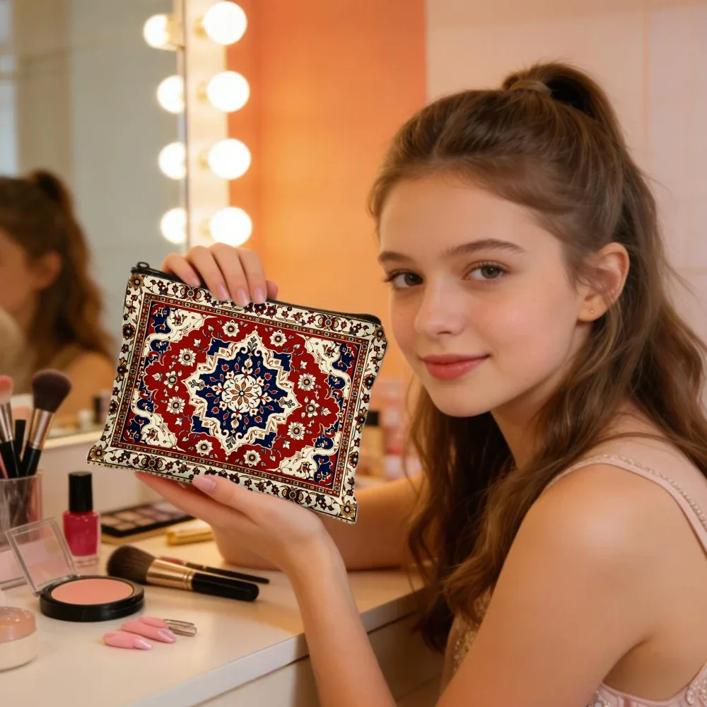 sacs de maquillage géométriques floraux rouge bleu blanc pour filles, pochette cosmétique, trousse de toilette, trousse à crayons, rangement de voyage