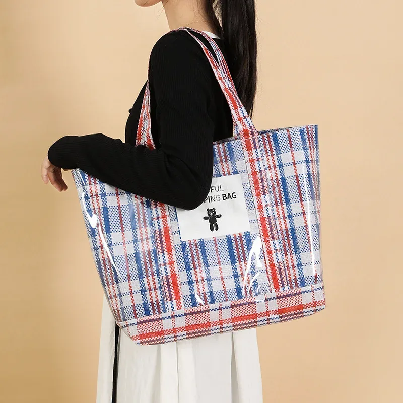 sac fourre-tout tissé rayé grande capacité, sac à main portable, sac de shopping extérieur