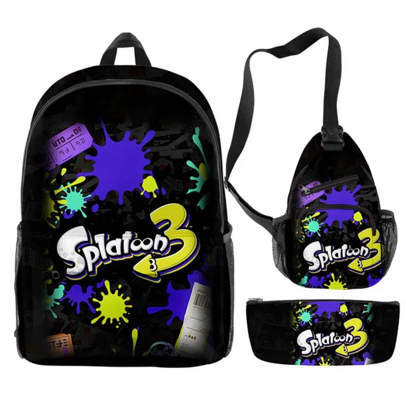 splatoon-sac à dos pour ordinateur portable, sac à bandoulière incliné, trousse à crayons, sac à dos pour 3 élèves, jeu de mode créatif, ensemble de 3 pièces