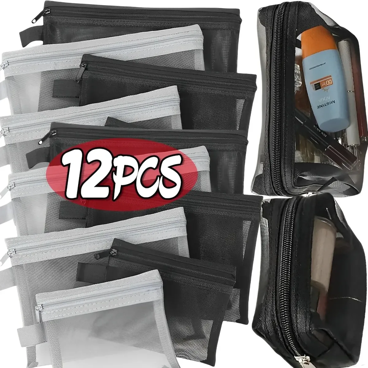 Sacs à cosmétiques transparents en maille, petite et grande trousse de maquillage noire, trousse de toilette de voyage portable, trousse d'évaluation, stockage de rouge à lèvres, poudres, 1 pièce, 12 pièces