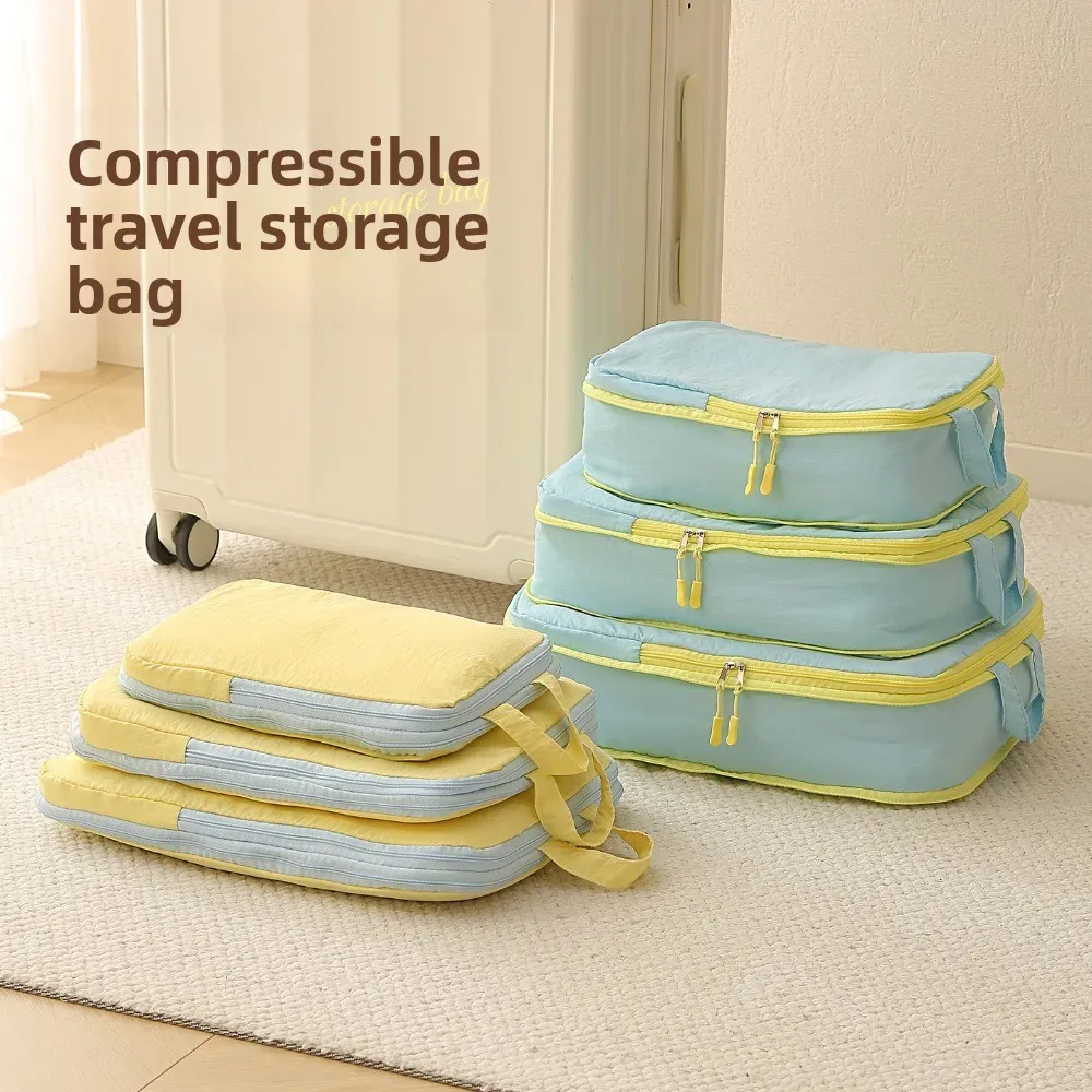 cubes de rangement taslan jaunes, ensemble de quatre pièces, organisateur de bagages à compression pour gagner