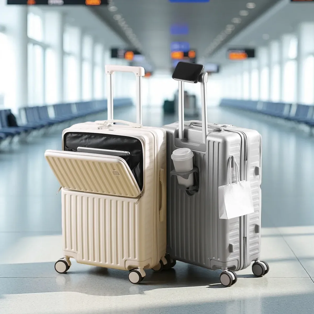 Porte-bagages à main à ouverture frontale, support de téléphone caché, compartiment humide/sec, 20 pouces ABS + PC, valise multifonctionnelle, porte-gobelet, crochet latéral