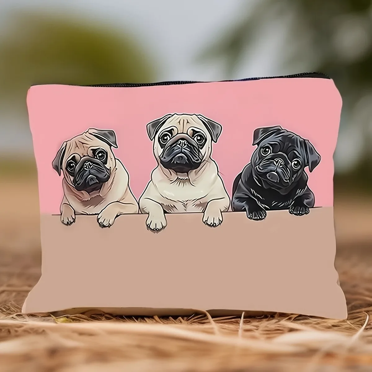 1 pièce, trousse de maquillage en polyester imprimé chien carlin mignon, style décontracté, fermeture à glissière durable qui ne se décolore pas, pochette de voyage pliable portable