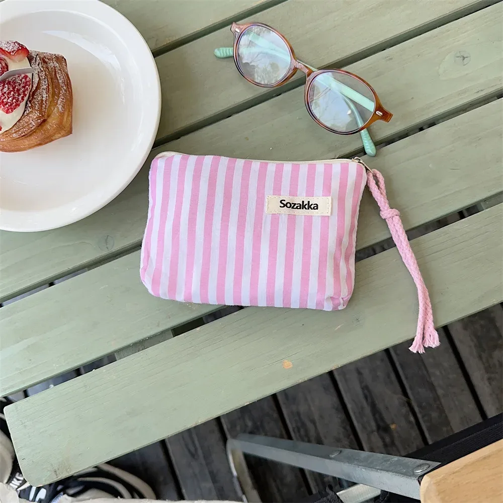 petit sac à cosmétiques mignon, mini organisateur rayé en toile pour femmes, sac de maquillage pour rouge à lèvres, sac à main