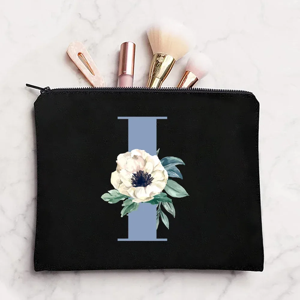 sac à cosmétiques en tissu pour femmes, pochette de maquillage, sac de voyage, rouge à lèvres, étuis de rangement, pochette à fermeture éclair, porte-monnaie de téléphone, initiales bleues imprimées