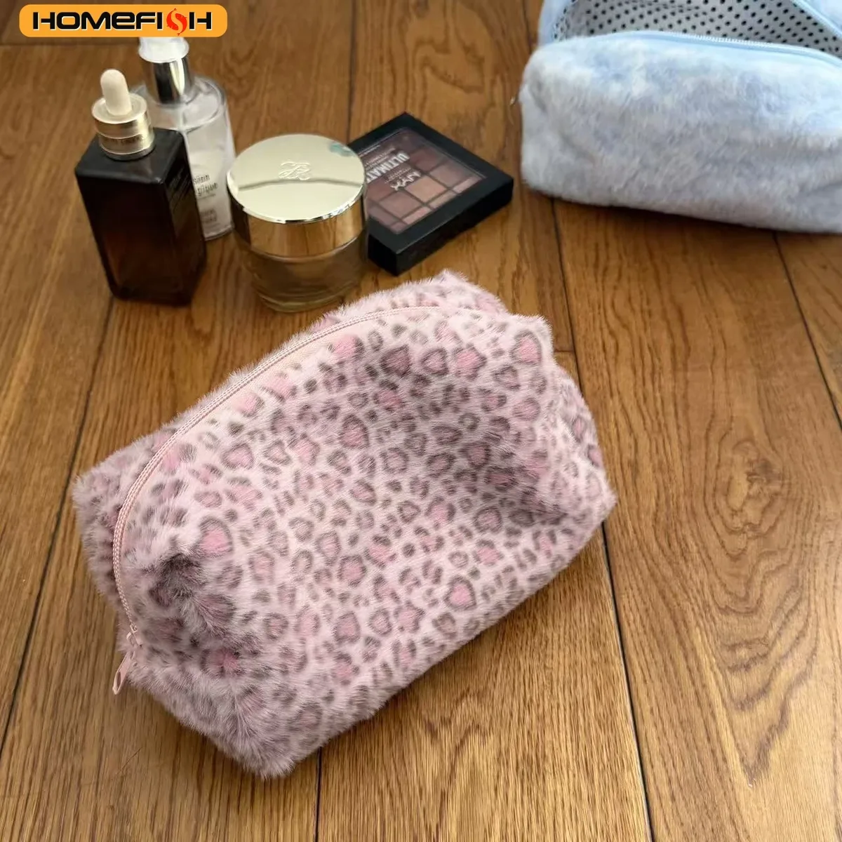 homefish trousse de maquillage durable et douce, grande capacité, imprimé léopard, organisateur de toilette portable, sac cosmétique de voyage pour filles