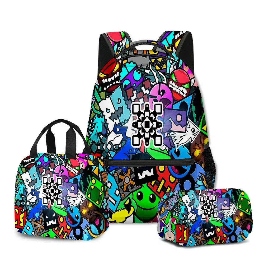 Classique populaire nouveauté géométrie Dash 3D imprimé 3 pièces/ensemble étudiant sacs d'école voyage cahier sac à dos sac à déjeuner trousse à crayons