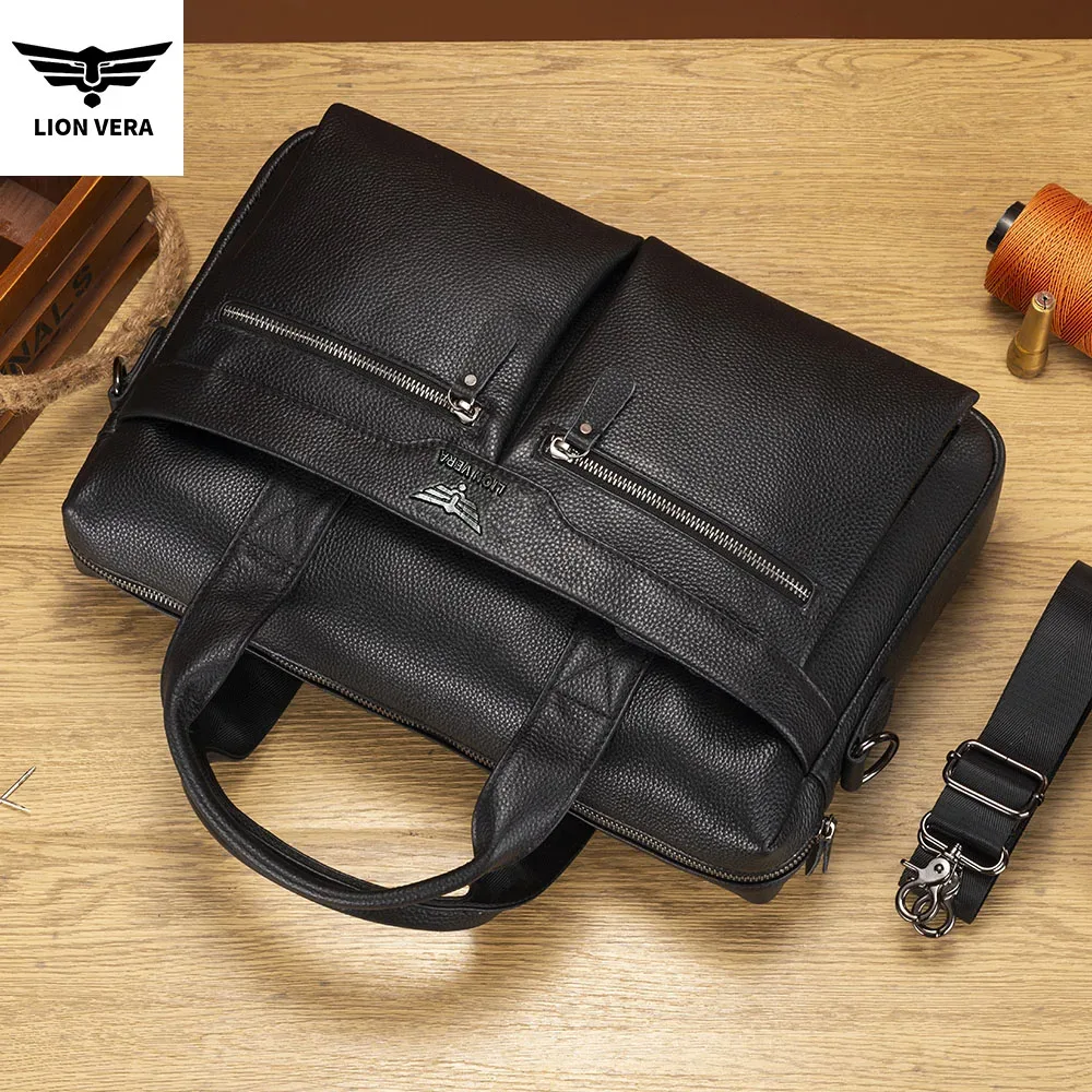 sac de transport professionnel lion vera pour homme, grande capacité, en cuir véritable, bandoulière portable, fermeture éclair, sacoche pour ordinateur portable
