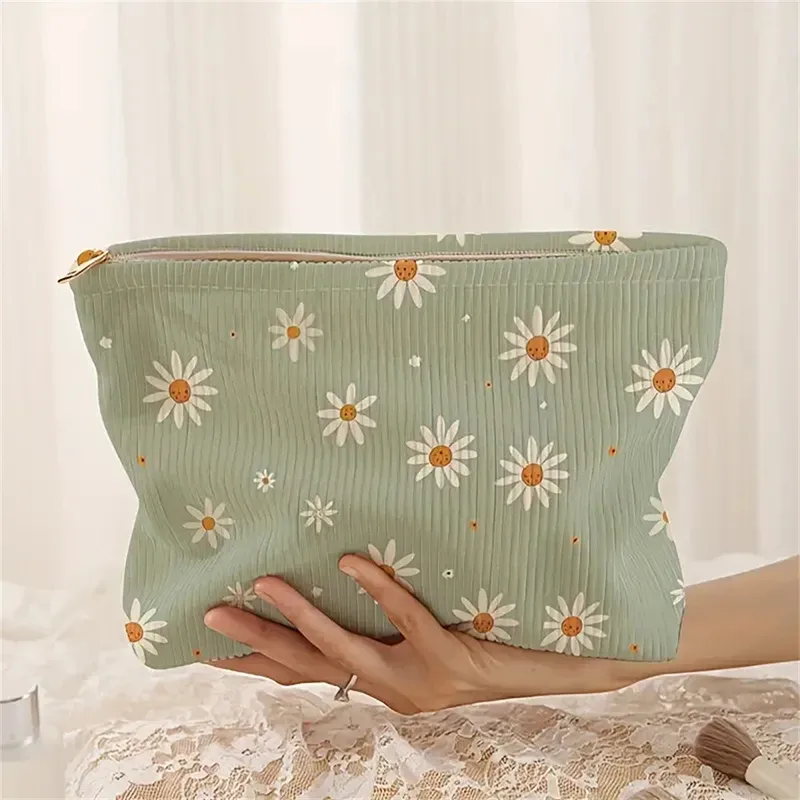 trousse de maquillage florale pour femme, organisateur de maquillage coréen brodé, pochette cosmétique de voyage, trousse de toilette en velours côtelé et toile, étui de beauté