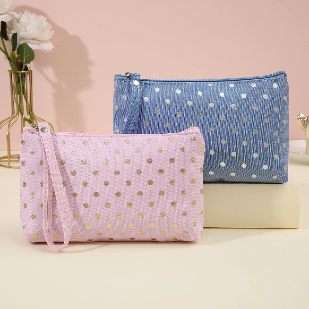 Sac à cosmétiques en toile imperméable, sac à main décontracté, sac de rangement pour poudres lavables à pois