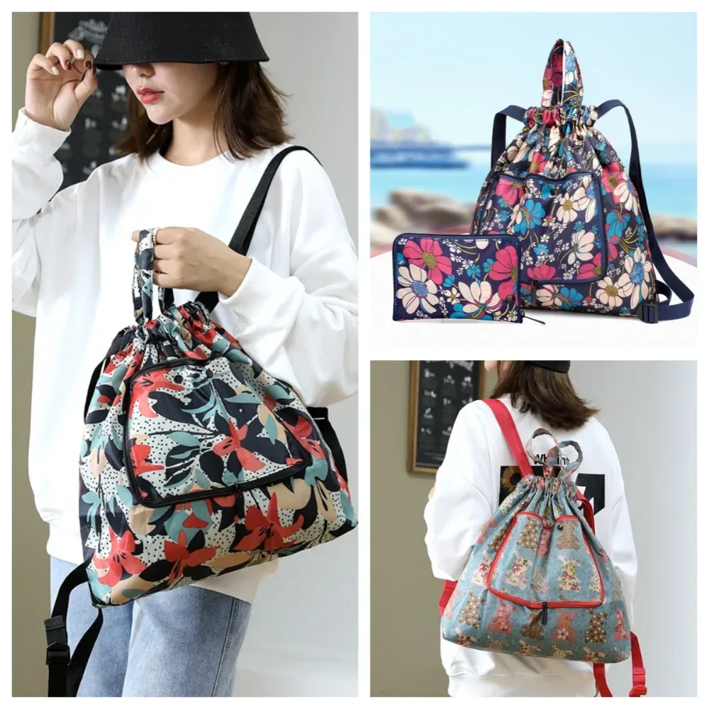 sac de courses multifonctionnel à fleurs, sac à cordon léger et portable, sac à dos plié en nylon animal, voyage