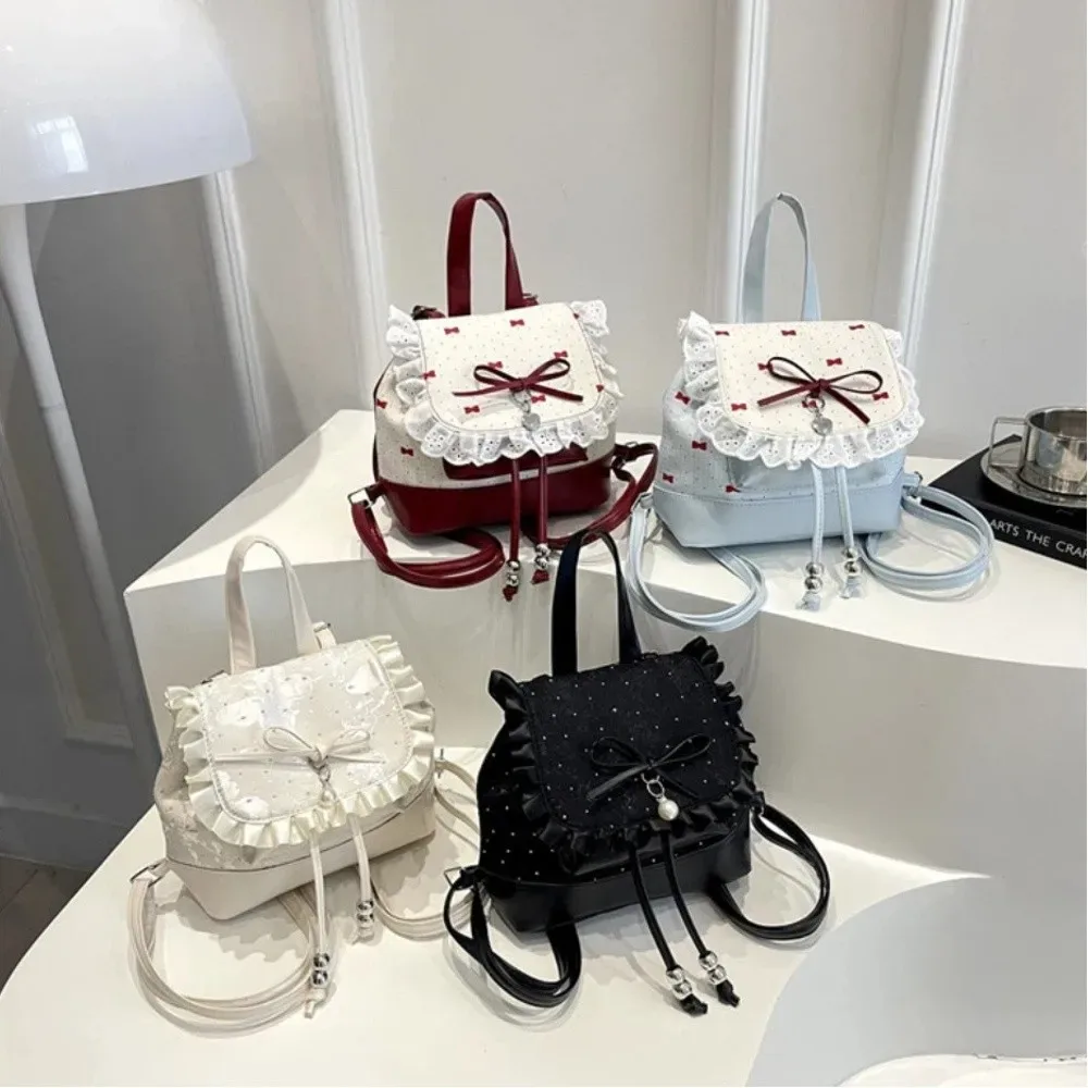 Sac à dos mini léger à pois avec nœud papillon et dentelle tendance pour femme